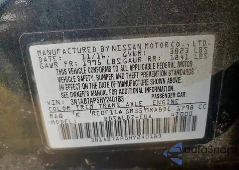 2017 Nissan Sentra S z USA, uszkodzony, nr VIN 3N1AB7AP5HY240183